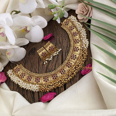 Vriksham Premium Cluster Pearl & Ghungroo Hasli Choker-Red-G17214