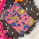 Vriksham Elegant Rose Pink & Blue Floral Vine Hand-Painted Kalamkari Cotton Kurti-VS5067