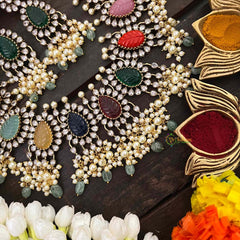 Vriksham Victorian AD Zircon Festive Rainbow Stone & Pearl ,Green Bead Cluster Guttapusalu Short Neckpiece-VV2024