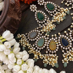 Vriksham Victorian AD Zircon Festive Rainbow Stone & Pearl ,Green Bead Cluster Guttapusalu Short Neckpiece-VV2024