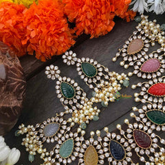 Vriksham Victorian AD Zircon Festive Rainbow Stone & Pearl ,Green Bead Cluster Guttapusalu Short Neckpiece-VV2024