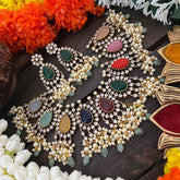 Vriksham Victorian AD Zircon Festive Rainbow Stone & Pearl ,Green Bead Cluster Guttapusalu Short Neckpiece-VV2024