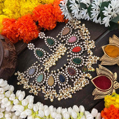 Vriksham Victorian AD Zircon Festive Rainbow Stone & Pearl Cluster Guttapusalu Short Neckpiece-VV2022
