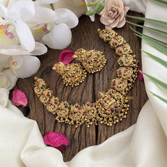 Vriksham Gold Look Alike Lakshmi & Peacock Choker-Red Green-G17211