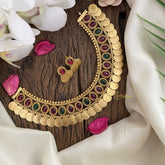 Vriksham Gold Look Alike Lakshmi Coin With Oval Red Green Stone Neckpiece-G17219