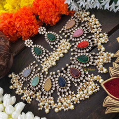 Vriksham Victorian AD Zircon Festive Rainbow Stone & Pearl Cluster Guttapusalu Short Neckpiece-VV2022