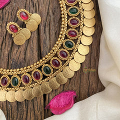 Vriksham Gold Look Alike Lakshmi Coin With Oval Red Green Stone Neckpiece-G17219
