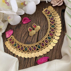 Vriksham Gold Look Alike Lakshmi Coin With Oval Red Green Stone Neckpiece-G17219