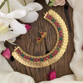 Vriksham Gold Look Alike Lakshmi Coin With Round Red Green Stone Neckpiece-G17220
