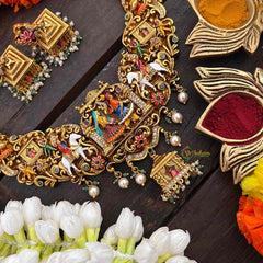 Vriksham Royal Bridal Procession Palki Enamel Short Neckpiece-Green Bead-(First Quality)-G22202