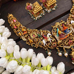 Vriksham Royal Bridal Procession Palki Enamel Short Neckpiece-Green Bead-(First Quality)-G22202