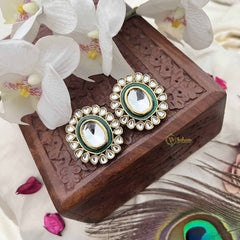 Vriksham Traditional Oval Green Kundan Stud Earrings-G20145