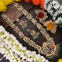 Vriksham Premium Gold Look Lord Vishnu Dashavatara Enamel Temple Haram-Green Bead-(First Quality)-G22201