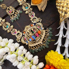 Vriksham Premium Gold Look Lord Vishnu Dashavatara Enamel Temple Haram-Green Bead-(First Quality)-G22201