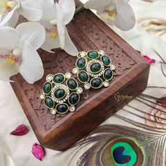 Vriksham Antique Green Kundan Floral Stud Earrings-G20143