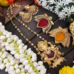 Vriksham Exquisite Matte Gold Lord Ganesha With Handcrafted Floral Jhumkas & Red Ruby Accents Long Neckpiece-G22204