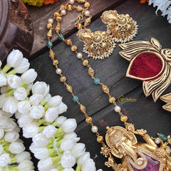 Vriksham Exquisite Matte Gold Lord Ganesha With Handcrafted Floral Jhumkas & Pink Accents Long Neckpiece-G22234