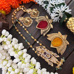 Vriksham Exquisite Matte Tirupati Balaji With Handcrafted Red Ruby Accents Pendant Chain-Aqua Green Bead-G22203