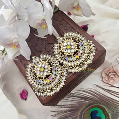 Vriksham Navratri Style Multicolor Kundan Chandbali Earrings With Rice Pearl Drops Festive Wear Earrings-G20150