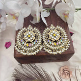 Vriksham Navratri Style Multicolor Kundan Chandbali Earrings With Rice Pearl Drops Festive Wear Earrings-G20150