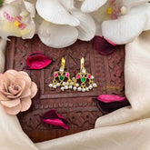 Vriksham leaf Motif Style Pearl Drop Kundan Jadau Bugadi-Red White & Green-J4151