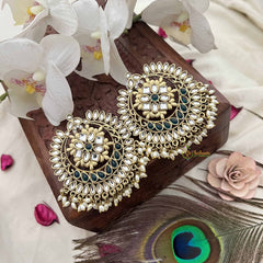 Vriksham Navratri Style Green & White Kundan Chandbali Earrings With Rice Pearl Drops Festive Wear Earrings-G20151