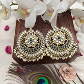 Vriksham Navratri Style Green & White Kundan Chandbali Earrings With Rice Pearl Drops Festive Wear Earrings-G20151