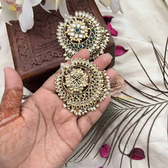 Vriksham Navratri Style Green & White Kundan Chandbali Earrings With Rice Pearl Drops Festive Wear Earrings-G20151