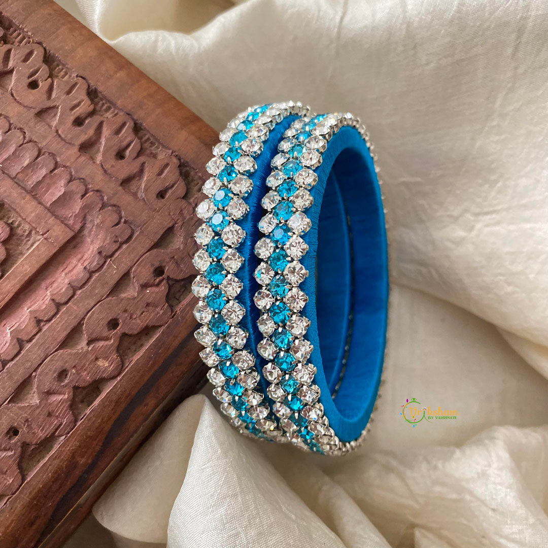 Line Stone Silk Thread Kundan Bangle -Blue White-G12309