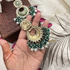 Vriksham Grand Kundan Chandbali With Green & Pearl Bead Drops Earrings-G20149