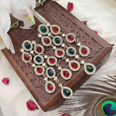 Vriksham Designer Red Green Teardrop Kundan Long Danglers Earrings-G20153
