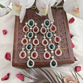 Vriksham Designer Red Green Teardrop Kundan Long Danglers Earrings-G20153