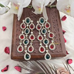 Vriksham Designer Red Green Teardrop Kundan Long Danglers Earrings-G20153