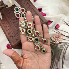 Vriksham Designer Red Green Teardrop Kundan Long Danglers Earrings-G20153