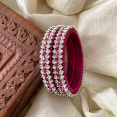 3 Line Stone Silk Thread Kundan Bangle -Magenta White-G12268