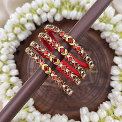 Vriksham Square & Leaf Style Silk Thread Kundan Bangles-Red-G20836