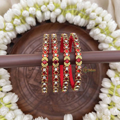 Vriksham Square & Leaf Style Silk Thread Kundan Bangles-Red-G20836