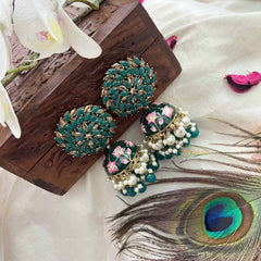 Vriksham Green Meenakari Lotus Handpainted Floral Dome With Pearl & Green Beads Jhumka-G20164