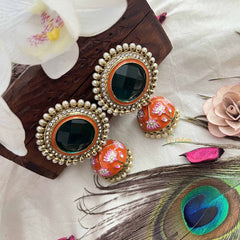 Vriksham Vintage Green Stone & Hand-Painted  Orange Floral Jhumkas-G20167