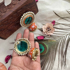Vriksham Vintage Green Stone & Hand-Painted  Orange Floral Jhumkas-G20167