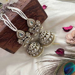 Vriksham Devika Kundan White Stone Tops With Pearl Strings & Mirror Dome Jhumka With Earchain-G20163
