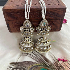 Vriksham Devika Kundan White Stone Tops With Pearl Strings & Mirror Dome Jhumka With Earchain-G20163