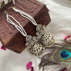 Vriksham Devika Kundan White Stone Tops With Pearl Strings & Mirror Dome Jhumka With Earchain-G20163