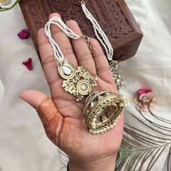 Vriksham Devika Kundan White Stone Tops With Pearl Strings & Mirror Dome Jhumka With Earchain-G20163