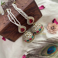 Vriksham Ridhima Bridal Pearl String With Red, Green & Kundan Detailing Jhumka With Earchain-G20160