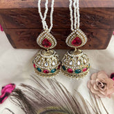 Vriksham Ridhima Bridal Pearl String With Red, Green & Kundan Detailing Jhumka With Earchain-G20160