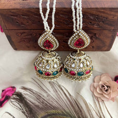 Vriksham Ridhima Bridal Pearl String With Red, Green & Kundan Detailing Jhumka With Earchain-G20160