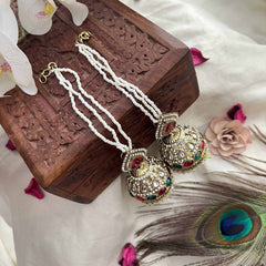 Vriksham Ridhima Bridal Pearl String With Red, Green & Kundan Detailing Jhumka With Earchain-G20160