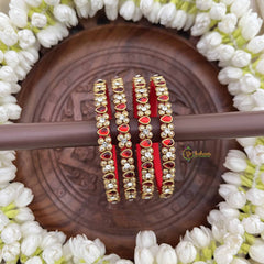 Vriksham Red Enamel Bangles With Antique Gold Finish Silk Thread Kundan Bangles-G20845
