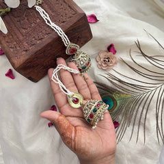 Vriksham Ridhima Bridal Pearl String With Red, Green & Kundan Detailing Jhumka With Earchain-G20160